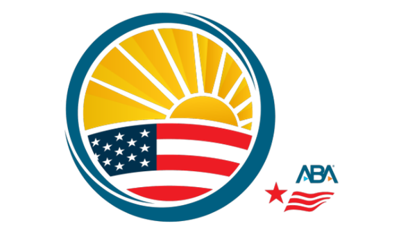Yellow sun and American flag in a blue circle and the ABA logo beside it